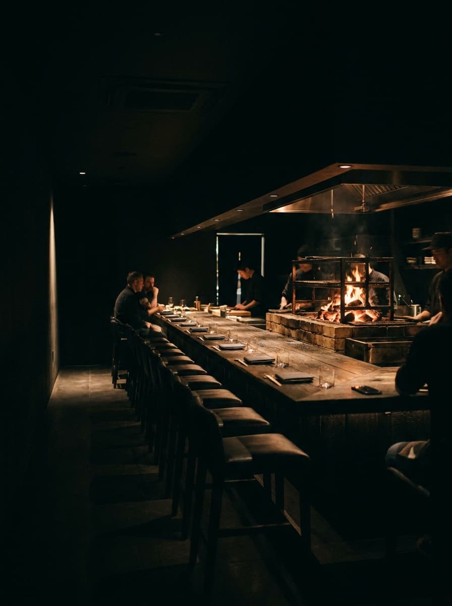 La barra de BRASA 17 frente a la parrilla